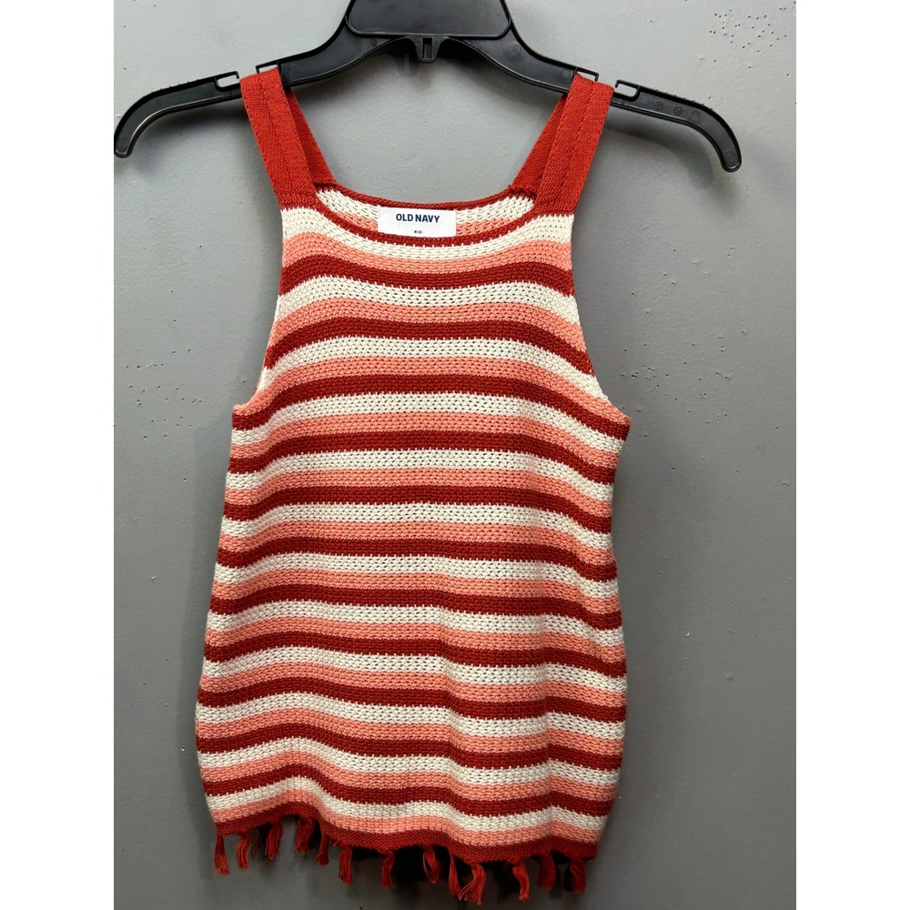 Old‎ Navy Tank Top Women Medium Orange Striped Crochet Knit Tassel Fringe 573332